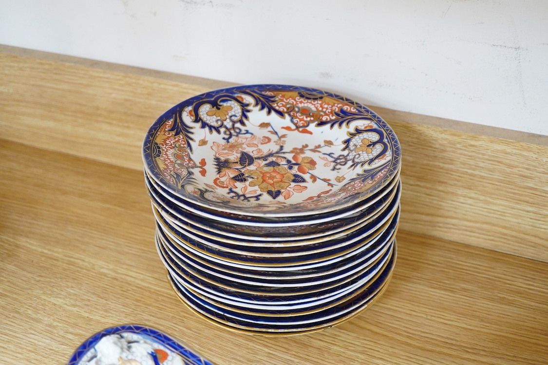 An early 19th century Derby Imari porcelain dessert service, two handled fruit dish 29cm wide